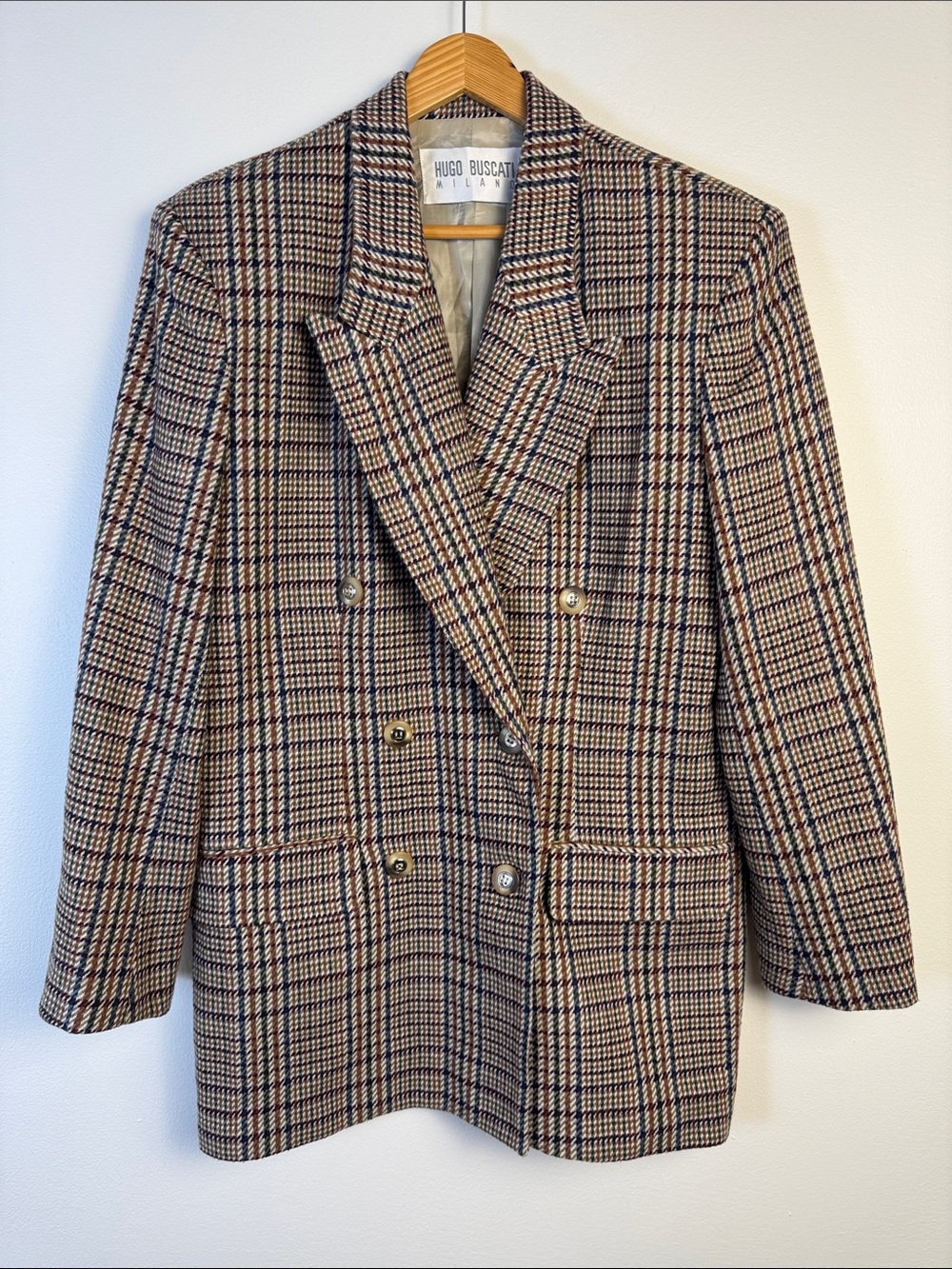 Vintage Hugo Buscati Plaid Double Breasted Blazer Wool Blend Jacket 8